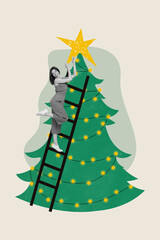 Vertical collage picture of excited funny girl black white colors climb ladder hang star toy top newyear tree isolated on creative background