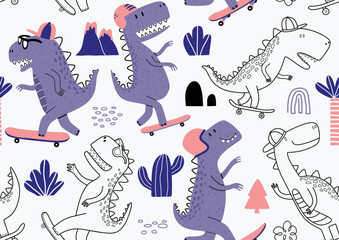 Seamless pattern with cute dinosaurs on skateboard. © andin