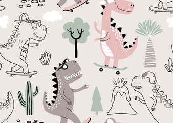 Seamless pattern with cute dinosaurs on skateboard. © andin