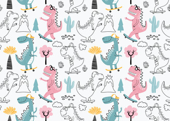 Seamless pattern with cute dinosaurs on skateboard.