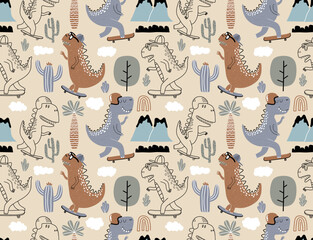 set of cute dinosaur print and seamless pattern with dinosaurs. vector illustration © andin