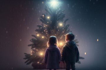 Kids standing near to a Christmas tree, looking up at the Christmas star