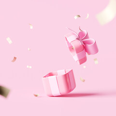 Open gift box and confetti falling on pastel pink background. 3d rendering 