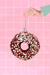 Photo collage artwork minimal picture of arm holding x-mas donut decoration isolated drawing...