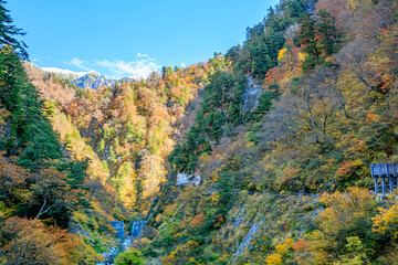 秋の黒部峡谷　鑓ヶ岳と欅平の景色　富山県黒部市　Kurobe Gorge in Autumn. View of Keyakidaira and Mt.Yarigatake. Toyama Prefecture Kurobe city.