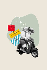 Vertical collage of excited santa black white gamma driving moped bike hold boombox deliver festive...