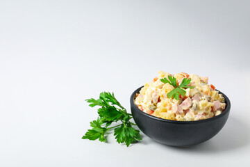 Concept of New year food, Olivier salad, space for text