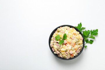 Concept of New year food, Olivier salad, space for text