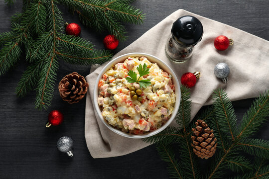 Concept of New year food, Olivier salad, top view