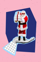 Photo collage artwork minimal picture of arm holding smiling santa claus delivering x-mas gifts...