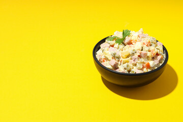Concept of New year food, Olivier salad, space for text