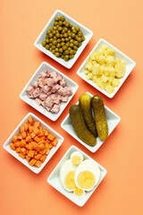 Concept of New year food, Olivier salad, top view