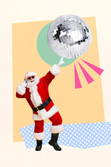 Vertical collage image of positive cheerful mini santa dancing arm finger touch big disco ball...