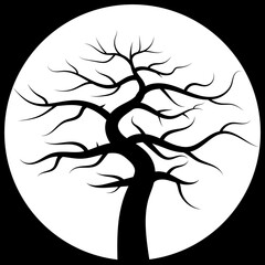 black tree illustration on white circle background and black background frame