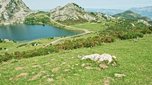 panoramic view of lake Enol in the lakes of covadonga in Asturias Spain