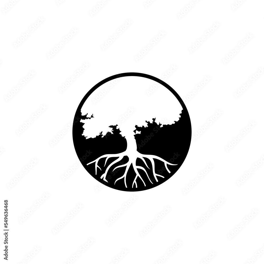 Poster tree round icon with roots isolated on white background