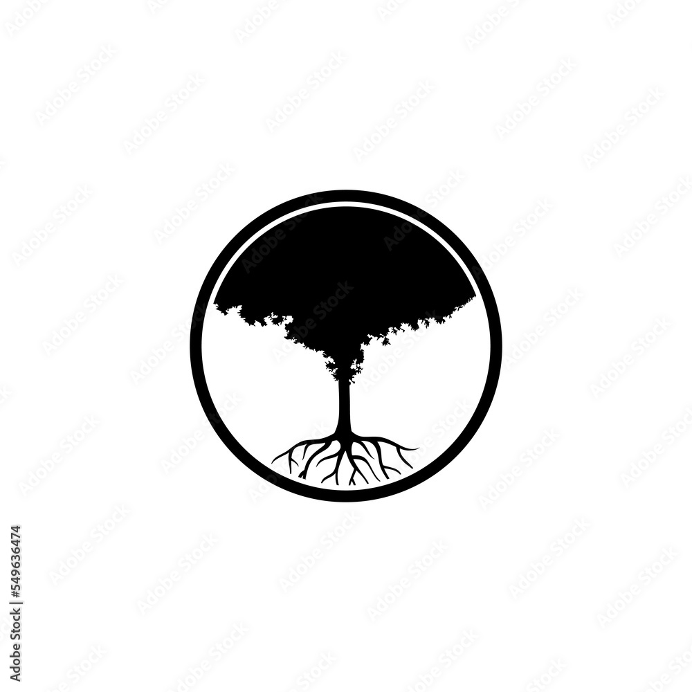 Poster tree round icon with roots isolated on white background