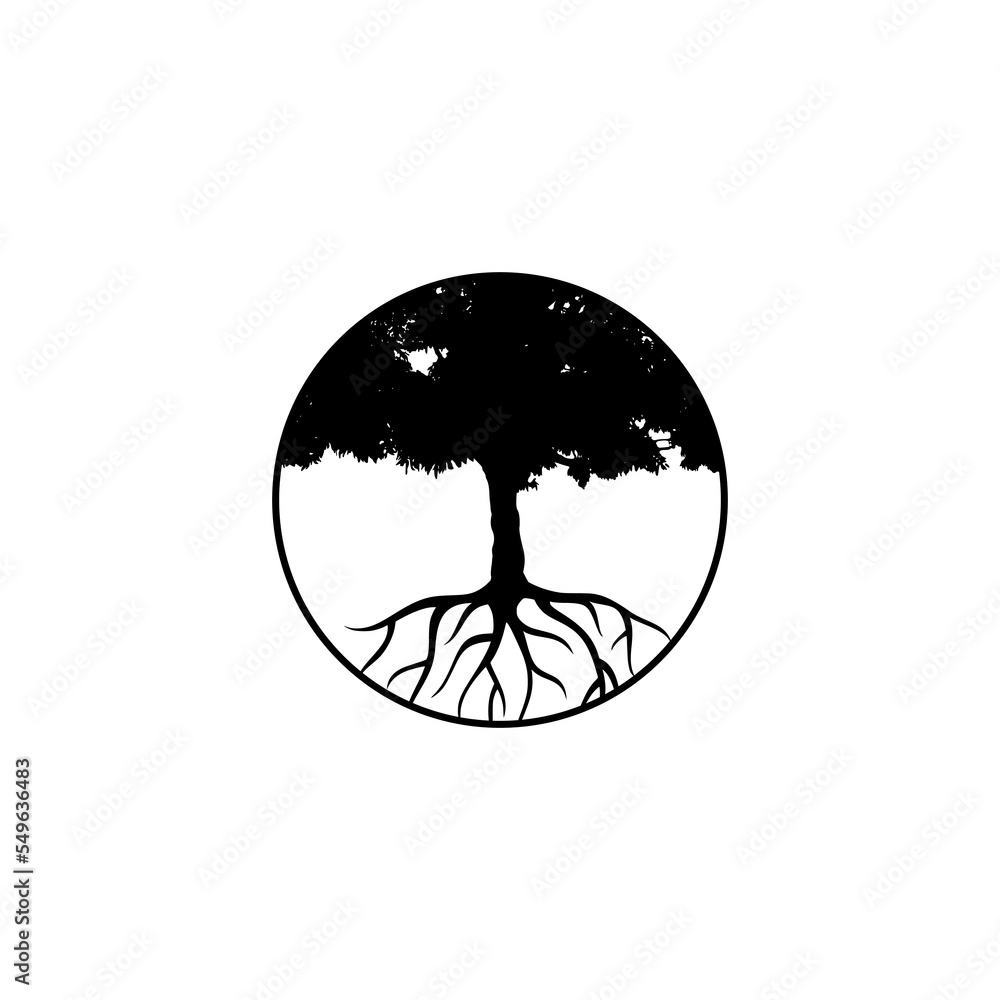 Poster tree round icon with roots isolated on white background