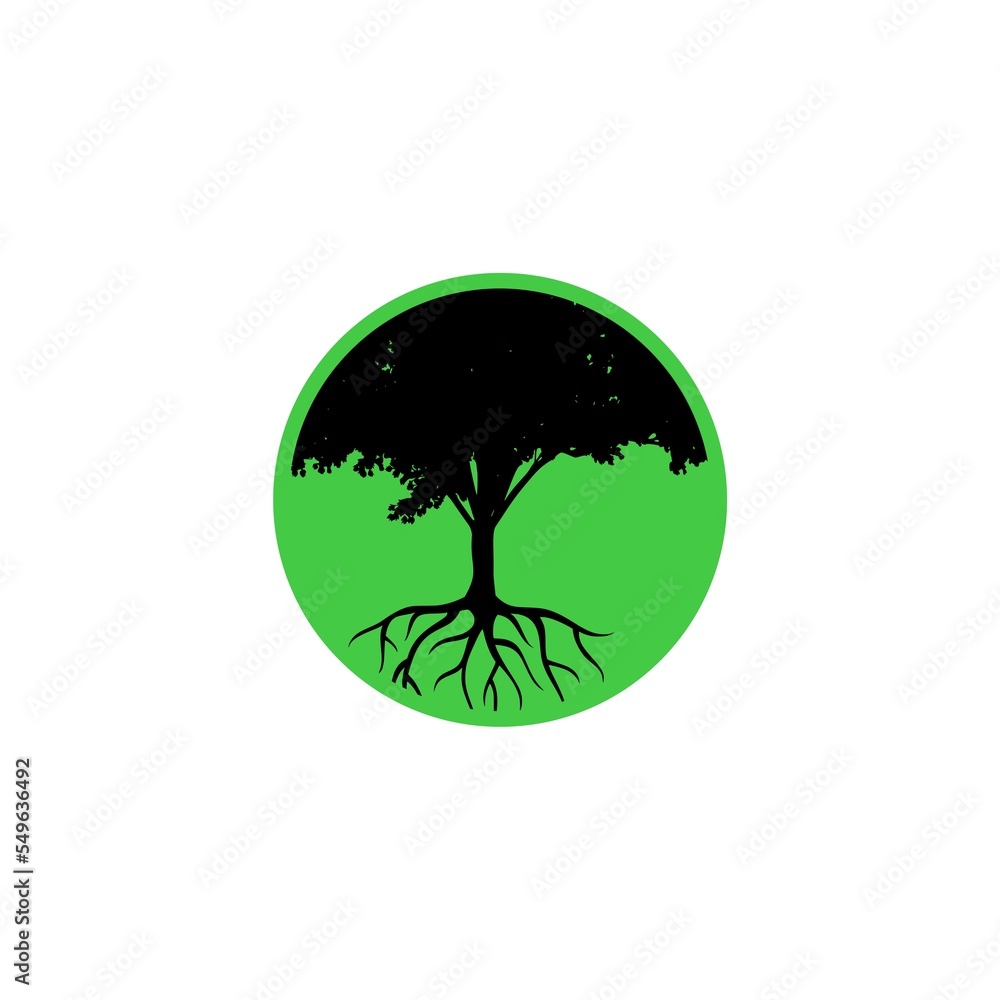 Poster tree round icon with roots isolated on white background