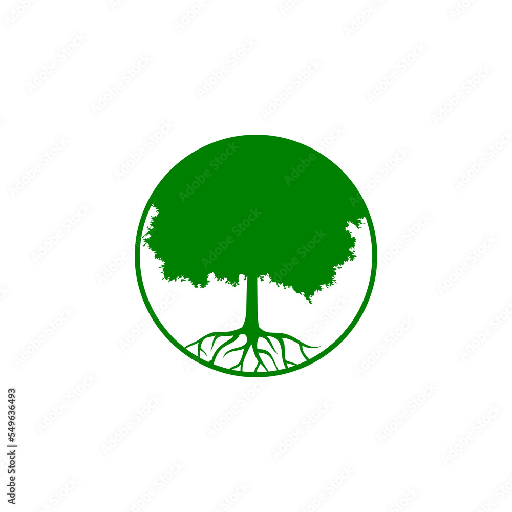 Poster tree round icon with roots isolated on white background