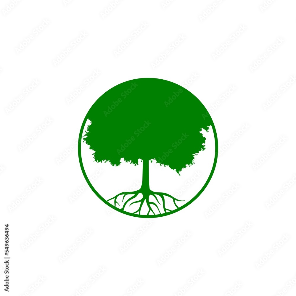 Poster tree round icon with roots isolated on white background