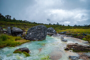 Fototapeta na wymiar Rocks in hot springs of the Purace National Natural Park, Popayan, Cauca, Colombia. blue and warm water