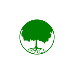 Tree round icon with roots isolated on white background