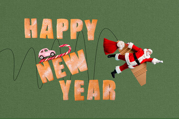 Artwork magazine collage picture of smiling santa flying wings delivering x-mas presents isolated drawing background
