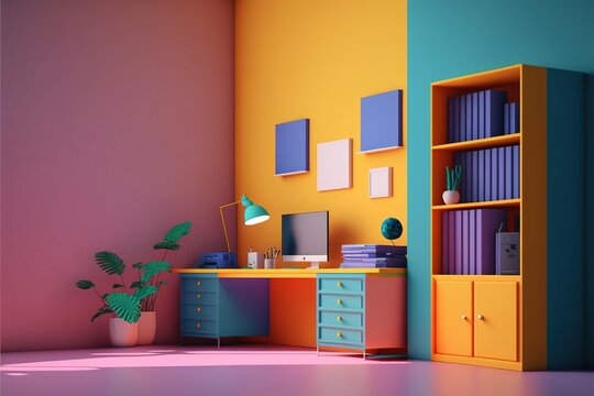 Office cubicle or home office, 3d render of a cute workspace in bright colours