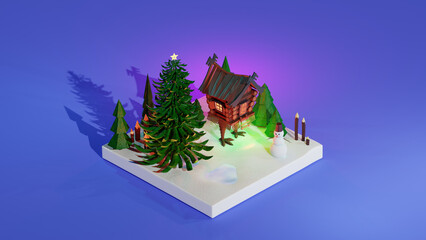 3d illustration house on chicken legs. Russian tales. Baba Yaga's house. New Year holidays diorama scene. High quality 3d illustration