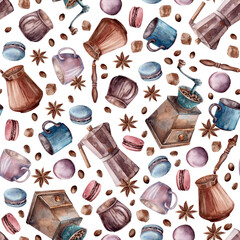 Coffee. Watercolor Pattern. Illustration for clipart. Designed for menus, culinary blogs, packaging, textiles, web design, sites, stickers, invitations, patterns, logos. Drawn by hand.