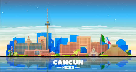 Cancun city ( Mexico ) skyline on a sky background. Flat vector illustration. Business travel and tourism concept with modern buildings. Image for banner or web site.