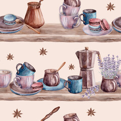 Coffee. Peach Watercolor. Pattern. Illustration for clipart. Designed for menus, culinary blogs, packaging, textiles, web design, sites, stickers, invitations, patterns, logos. Drawn by hand.