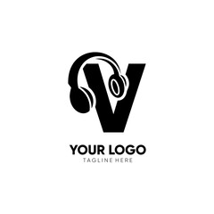 Letter V Headphone Logo Design Vector Icon Graphic Illustration