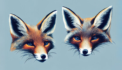 Portrait of red fox, vulpes pair, animal illustration 

