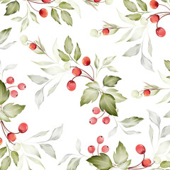 Seamless Christmas pattern trees with branches and berries in a watercolor style.