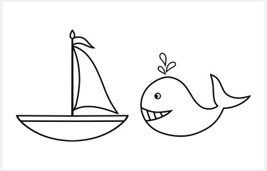 Doodle marine set clipart isolated. Hand drawn line art. Whale and yach. Sea coloring page book. Vector stock iillustration. EPS 10