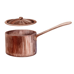 Tureen. Watercolor. Isolate. Illustration for clipart. Designed for menus, culinary blogs, packaging, textiles, web design, sites, stickers, invitations, patterns, logos. Drawn by hand.