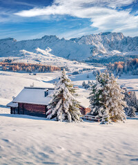 Untouched winter landscape. Frosty morning view of Alpe di Siusi village. Calm winter scene of Dolomite Alps, Ityaly, Europe. Beauty of nature concept background. - obrazy, fototapety, plakaty