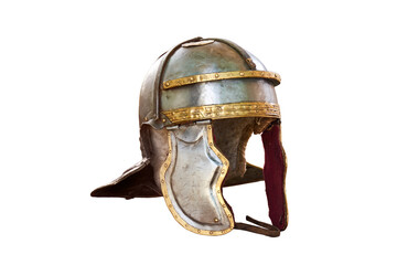 Ancient Roman helmet, vintage soldier armor to protect the head in battle, isolated on a white...
