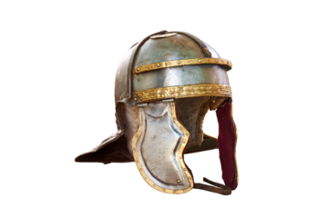 Ancient Roman helmet, vintage soldier armor to protect the head in battle, isolated on a white background. Reconstruction of military events during the wars of the Roman Empire