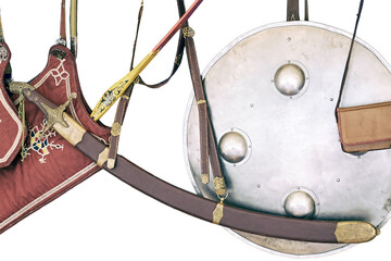 Vintage bow, arrows in a quiver and a retro sword in a scabbard, isolated on a white background....