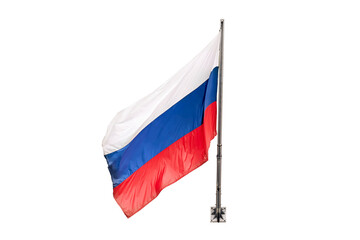 A large Russian flag is flying, isolated on a white background