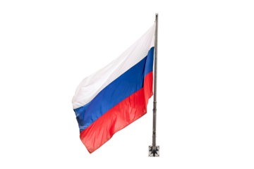 A large Russian flag is flying, isolated on a white background
