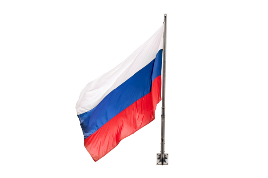 A large Russian flag is flying, isolated on a white background