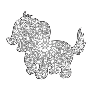 Zentangle dog mandala coloring page for adults christmas dog and floral animal coloring book antistress coloring page vector illustration