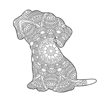 Zentangle dog mandala coloring page for adults christmas dog and floral animal coloring book antistress coloring page vector illustration