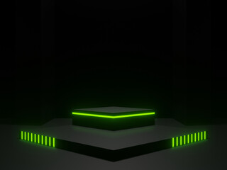 3D black geometric podium with green neon lights.