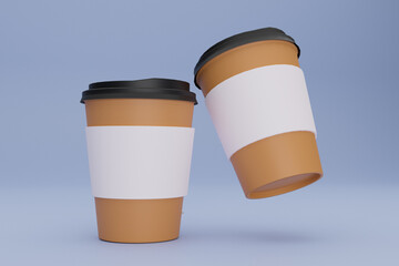 Two paper coffee cups with blank labels in 3D rendering floating over blue background