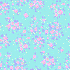 Seamless vintage pattern. Small pink flowers on a turquoise background. Vector texture. Fashionable print for textiles and wallpaper.